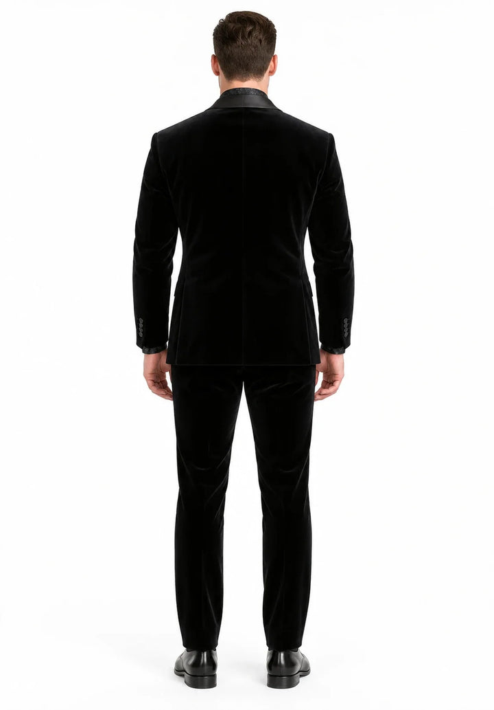 Costume Deux Pièces Homme Coupe Slim en Velours avec Col Châle en Satin et Un Bouton