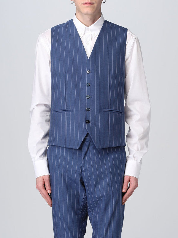 Costume Trois Pièces Homme Coupe Slim à Rayures avec Col Notch et Gilet Cinq Boutons