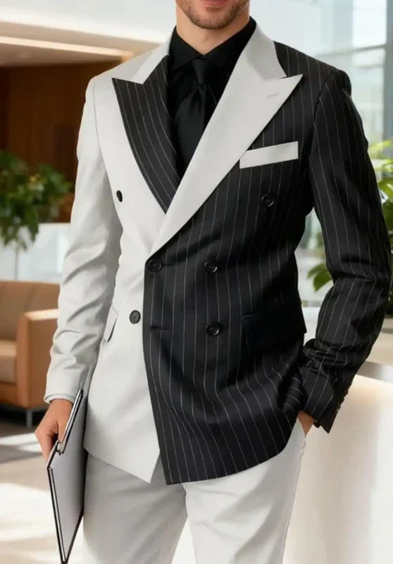Men’s Two-Piece Striped Suit with Double-Breasted Jacket and Wide Peak Lapels