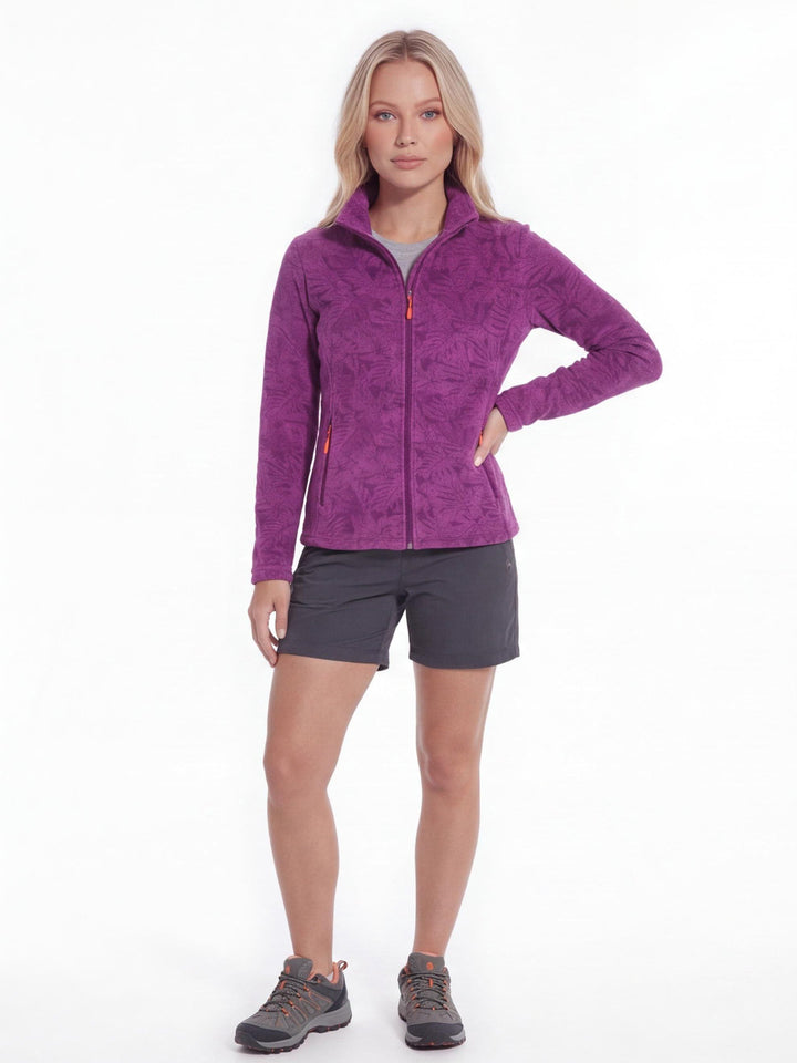 Women's Zip-Up Fleece Jacket with Stand-Up Collar and Foliage Pattern