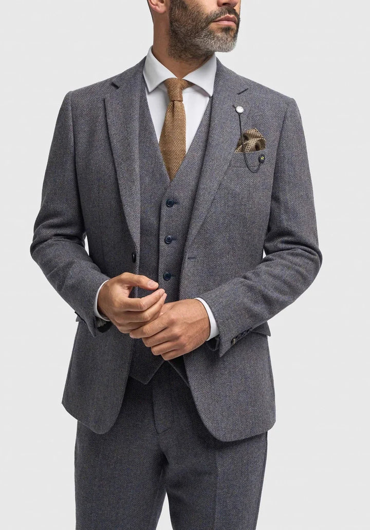 Costume Trois Pièces Homme Coupe Slim en Chevrons avec Gilet et Pantalon Assortis