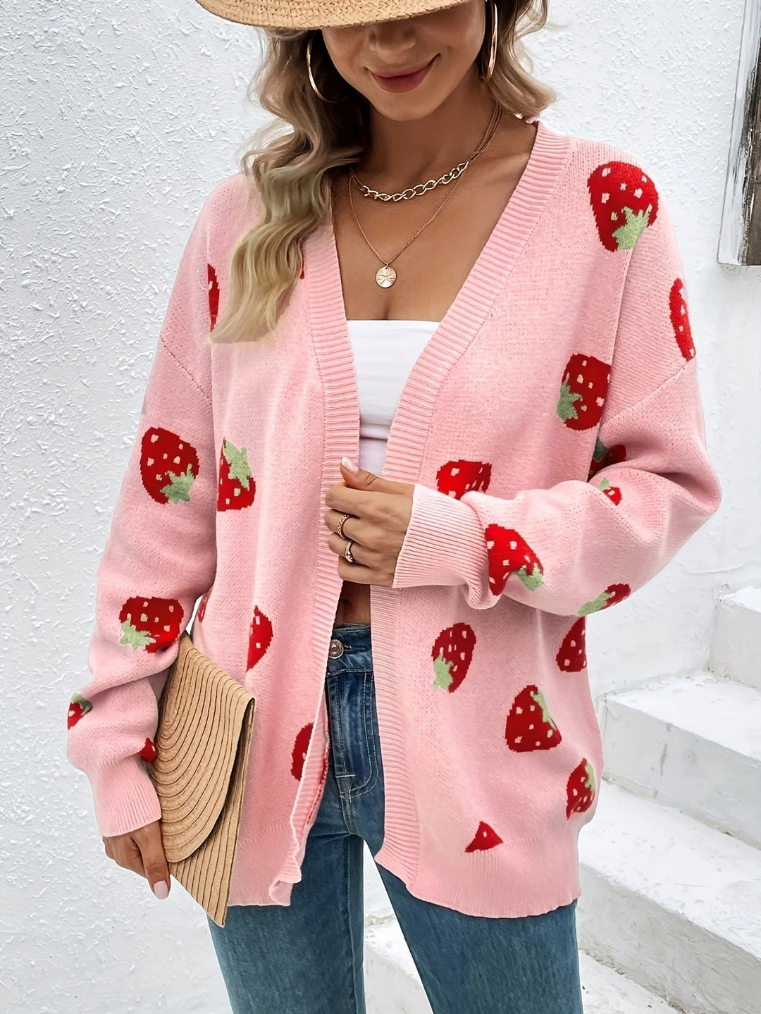 Oversized damesvest van breisel met aardbeienmotief