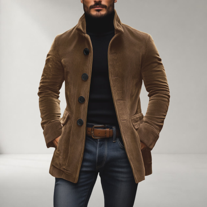 Manteau Court Homme Ajusté en Velours Côtelé à Col Montant