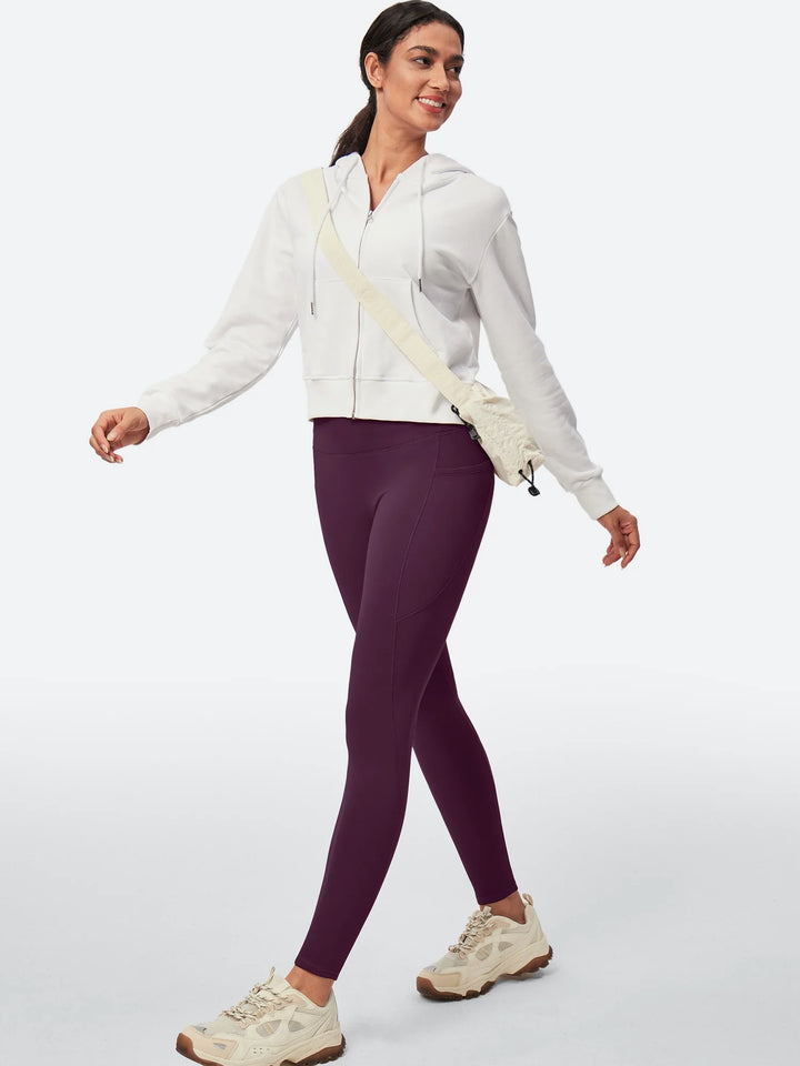 Leggings da donna a vita alta foderati in pile, senza cucitura anteriore e con tasche