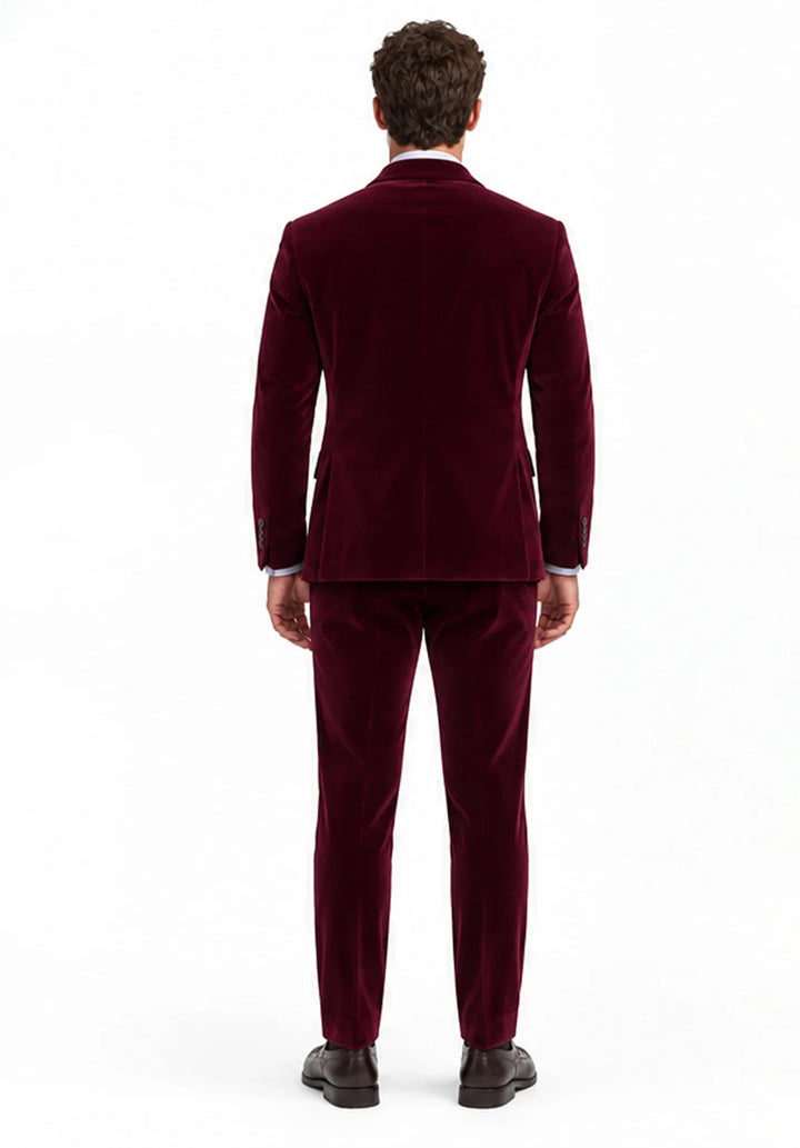 Costume Deux Pièces Homme Coupe Classique en Velours avec Col Peak et Deux Boutons