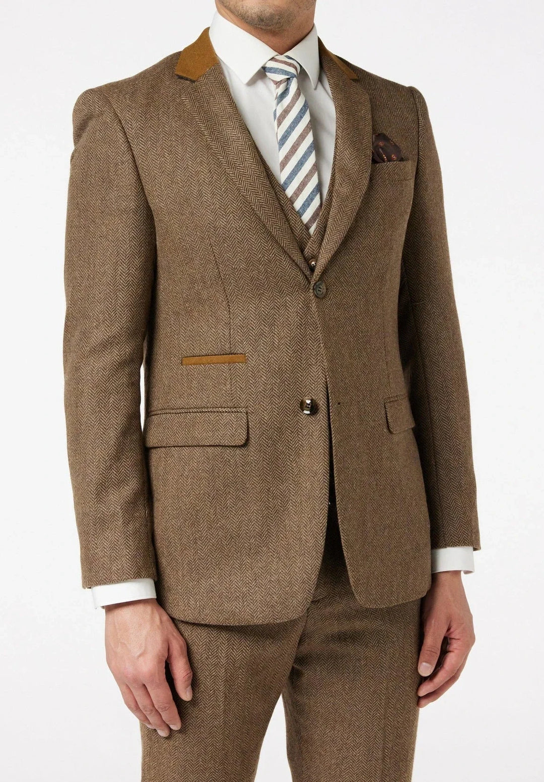 Costume Trois Pièces Homme Coupe Regular en Chevrons avec Gilet Boutonné