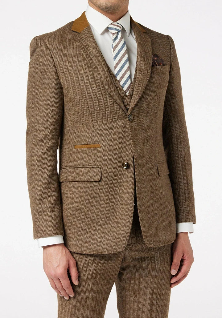 Costume Trois Pièces Homme Coupe Regular en Chevrons avec Gilet Boutonné