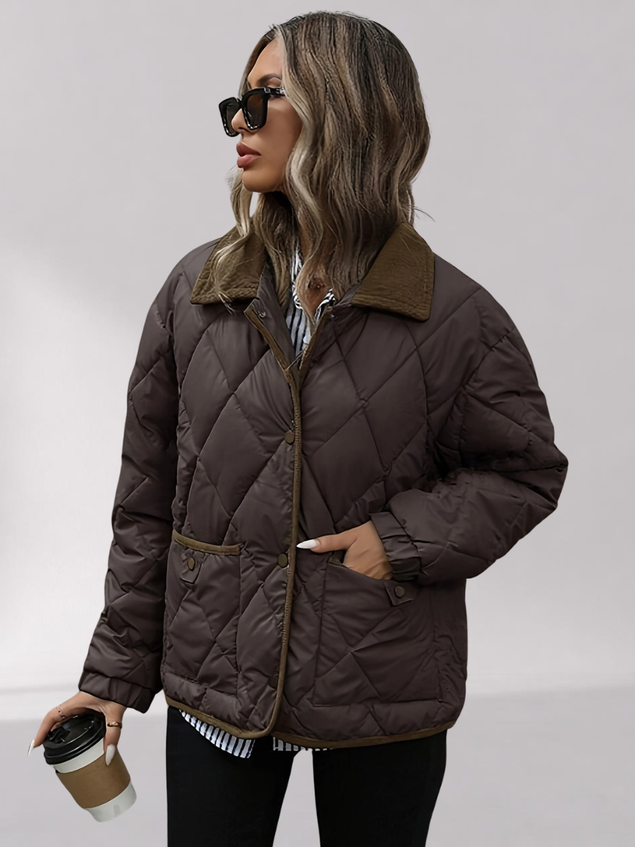 Veste Matelassée Oversize Femme avec Col en Velours Côtelé