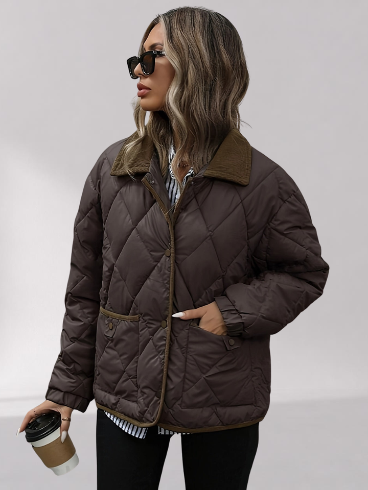Veste Matelassée Oversize Femme avec Col en Velours Côtelé