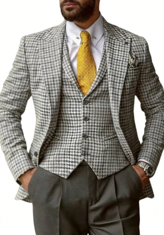 Costume Trois Pièces Homme Coupe Slim en Pied de Poule avec Col Notch et Gilet Boutonné