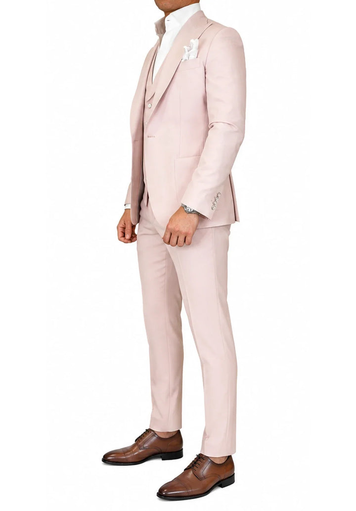 Costume Trois Pièces Homme Coupe Slim avec Col Peak et Gilet Six Boutons