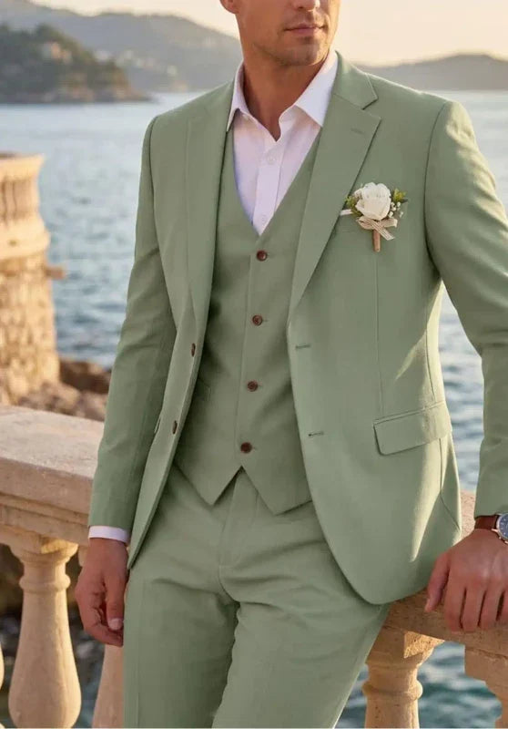 Costume Trois Pièces Homme Coupe Ajustée en Lin avec Col Notch et Veste à Fentes