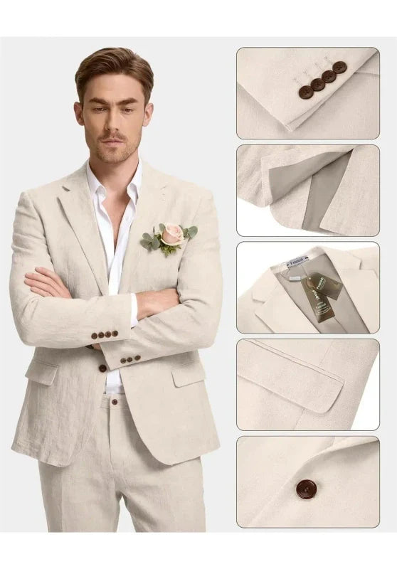 Costume Trois Pièces Homme Coupe Regular en Lin avec Col Notch et Gilet Boutonné