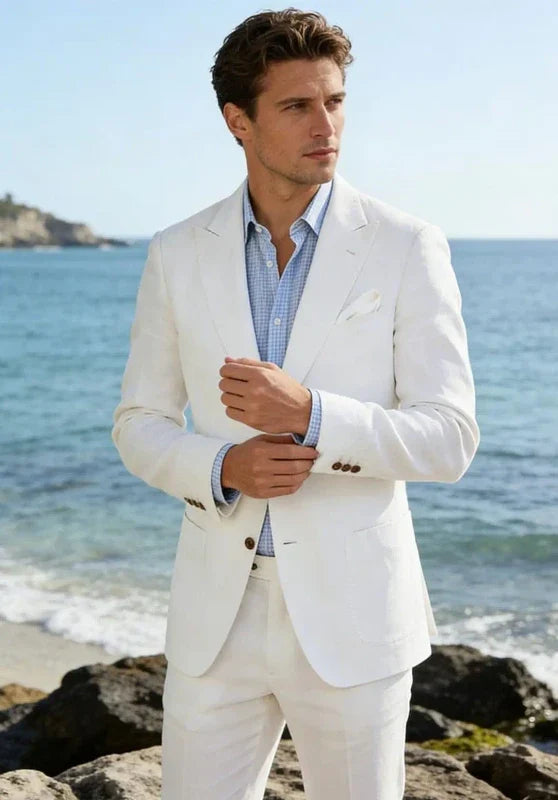 Costume Deux Pièces Homme Coupe Slim en Lin avec Col Peak et Poches Plaquées
