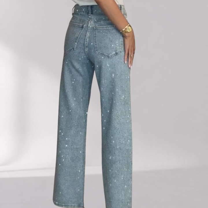 Jean Large Taille Haute avec Détails en Strass
