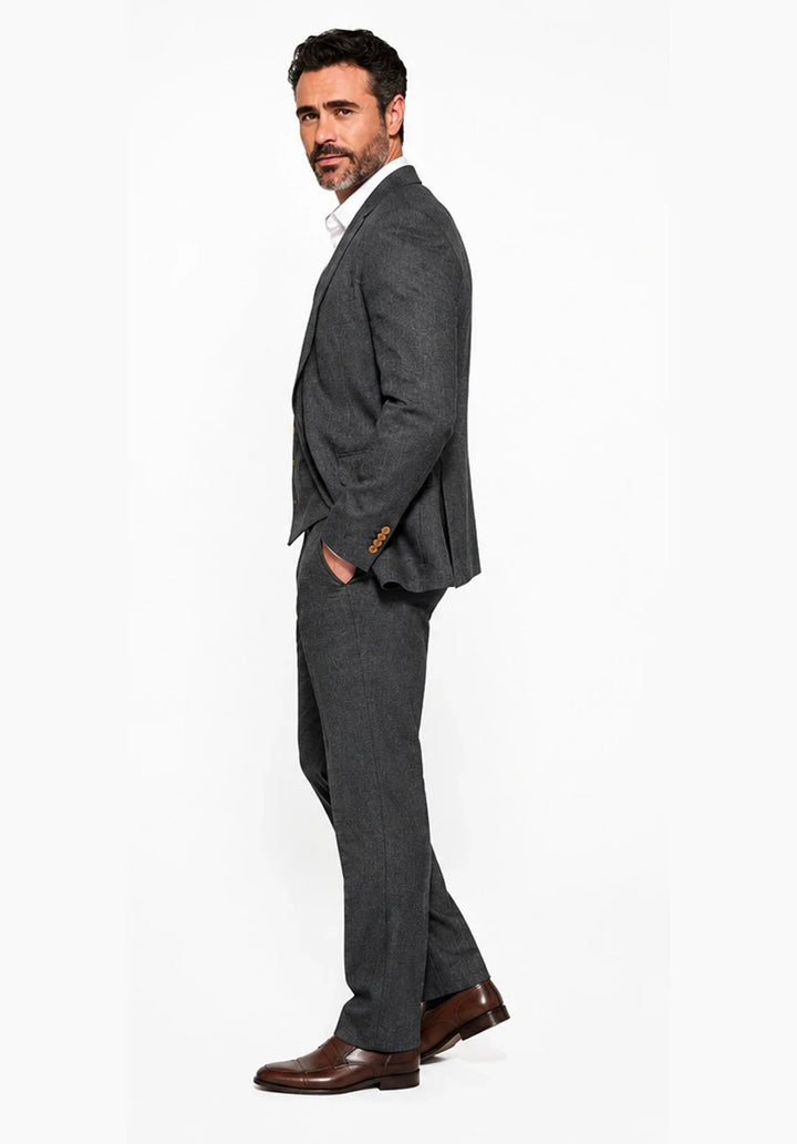 Heren regular-fit driedelig linnen pak met notch-revers en een vijfknoops gilet