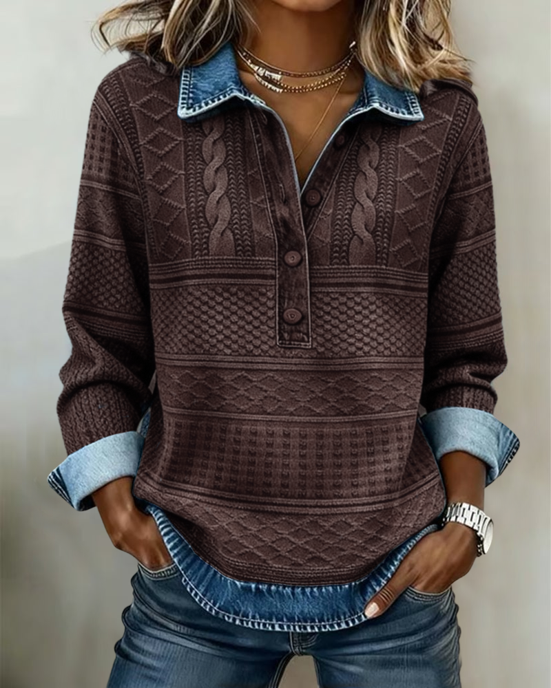 Dames-sweatshirt met halve knoopsluiting - denimlookkraag en textuurdetails