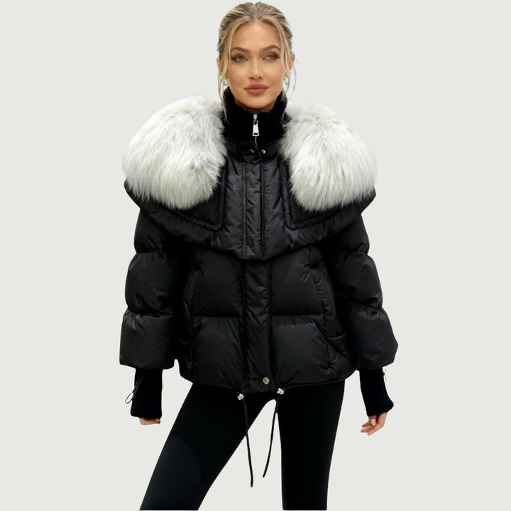 Piumino da donna con collo oversize in vera pelliccia di volpe