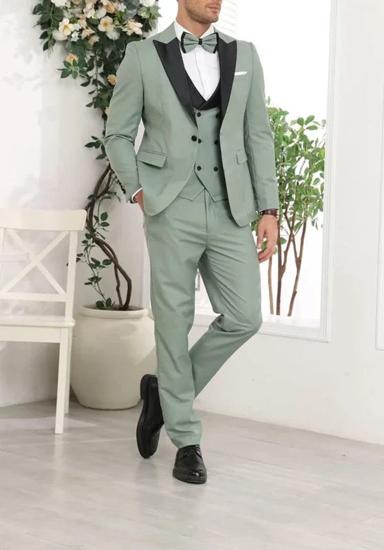 Costume Trois Pièces Homme Coupe Slim avec Col Peak Contrastant et Gilet Croisé