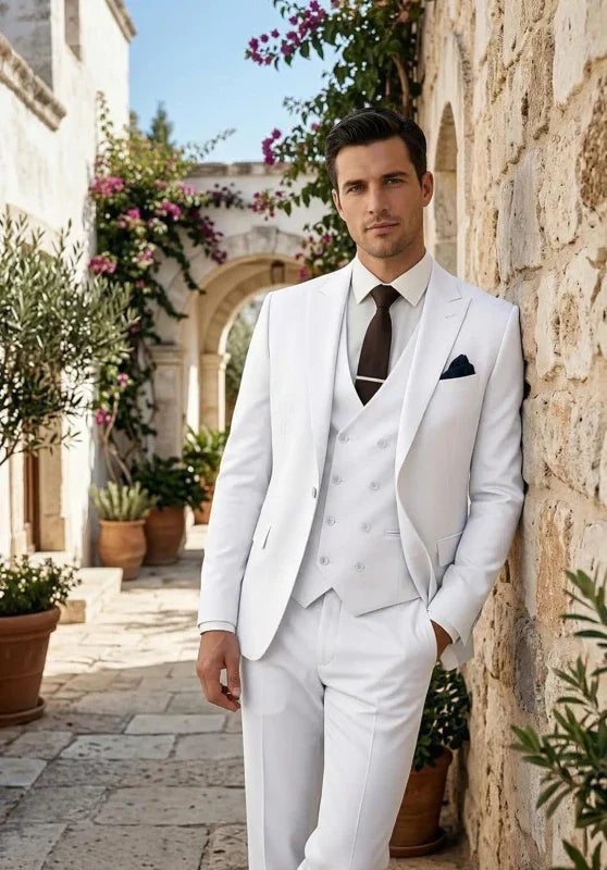 Costume Trois Pièces Homme Coupe Slim avec Col Peak et Gilet Croisé