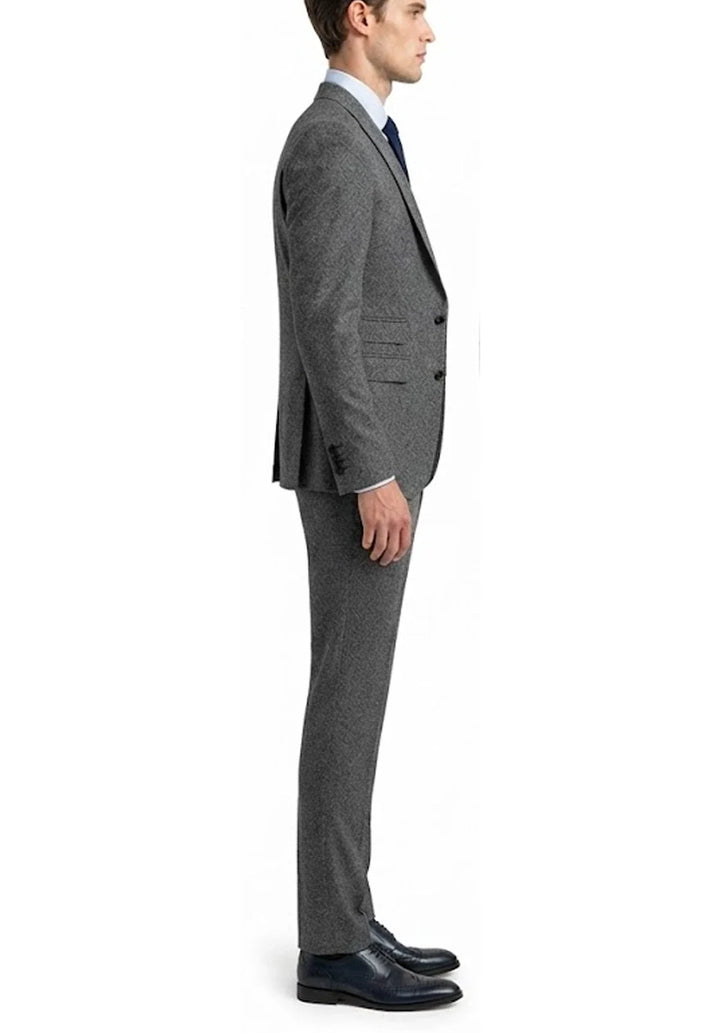 Abito da uomo a tre pezzi slim fit con motivo a spina di pesce, rever a lancia e gilet doppiopetto