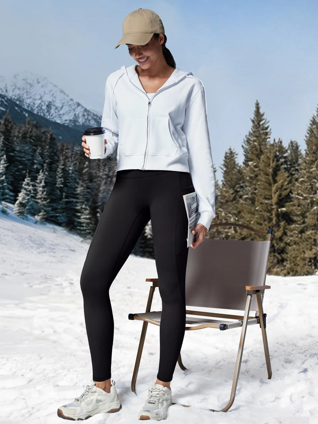Leggings da donna a vita alta foderati in pile, senza cucitura anteriore e con tasche