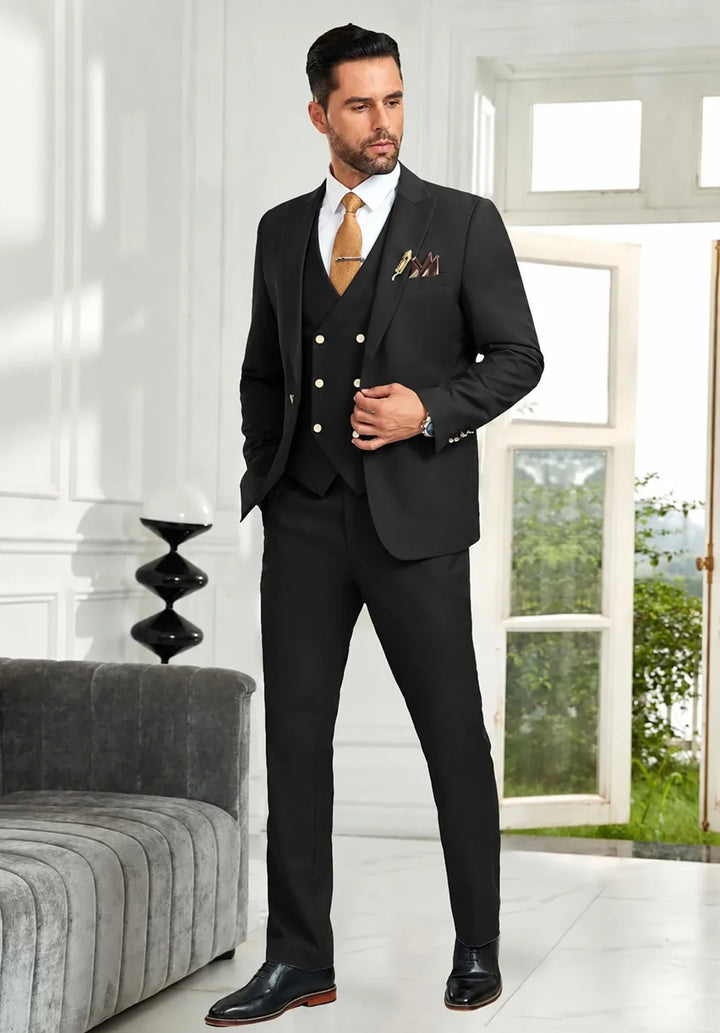 Costume Trois Pièces Homme Coupe Regular avec Gilet Croisé et Col Peak