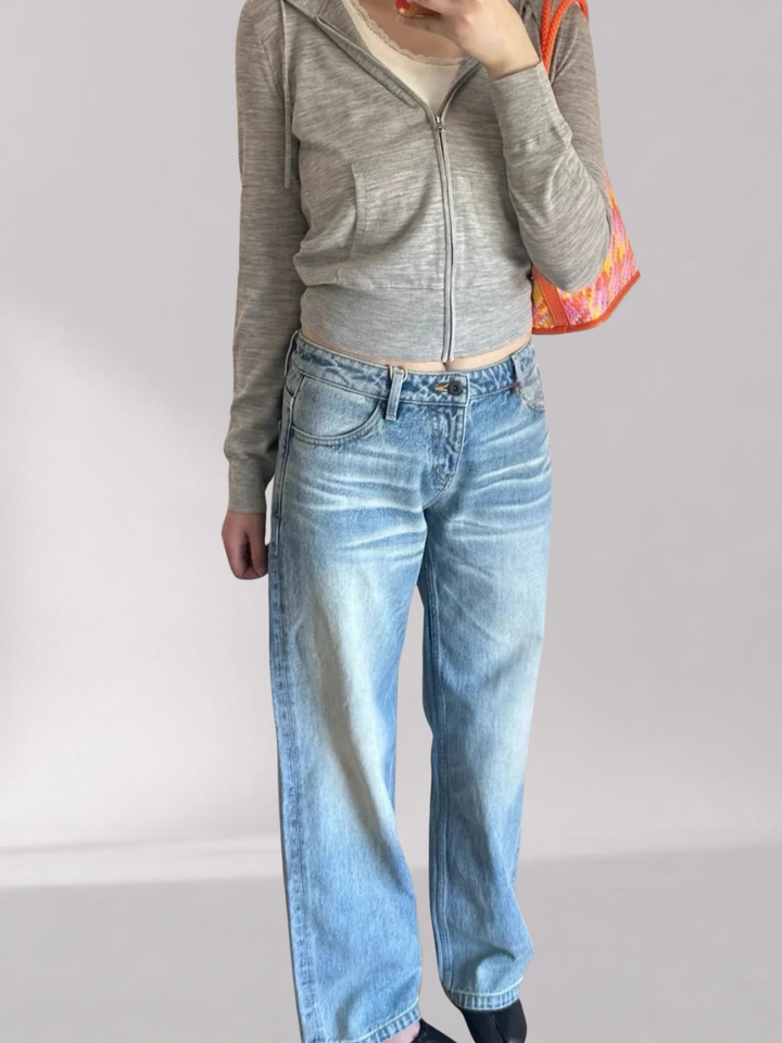 Jean Droit Femme en Coton – Délavage Vintage Taille Mi-Haute