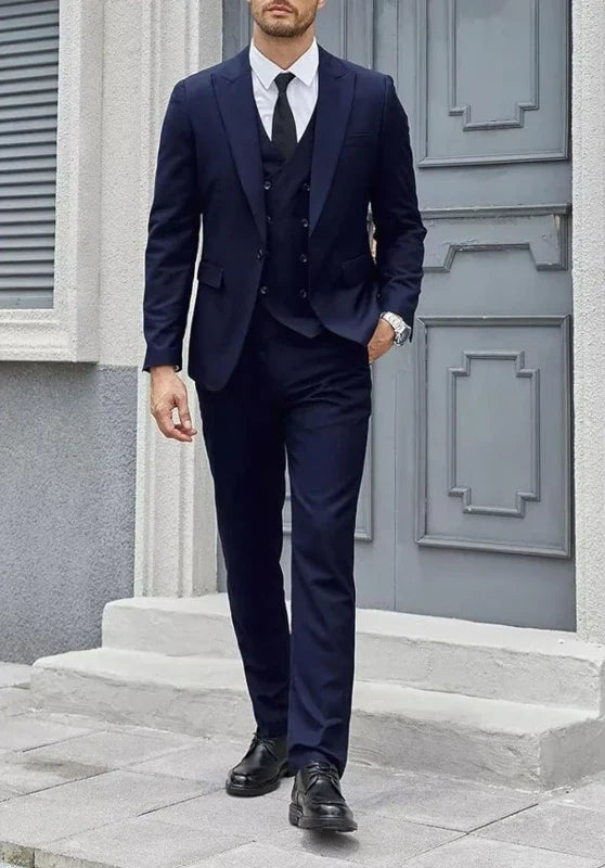 Costume Trois Pièces Homme Coupe Slim Infroissable avec Col Peak et Gilet Croisé