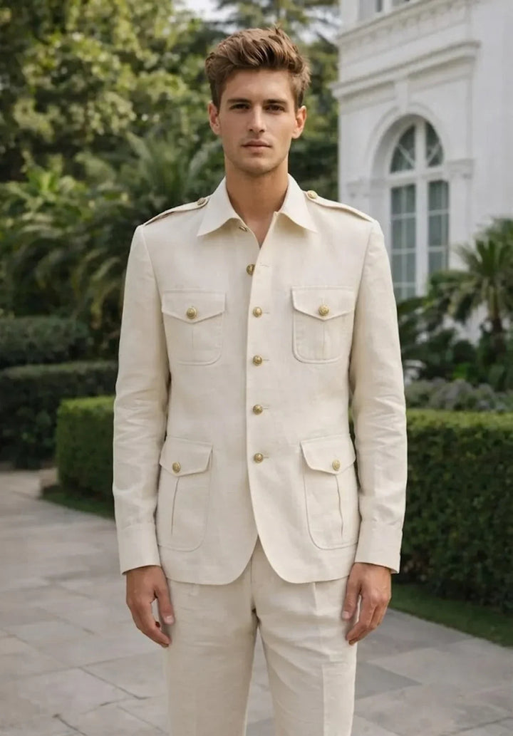 Costume Deux Pièces Homme Coupe Moderne en Mélange de Lin avec Veste Saharienne et Pantalon Plissé