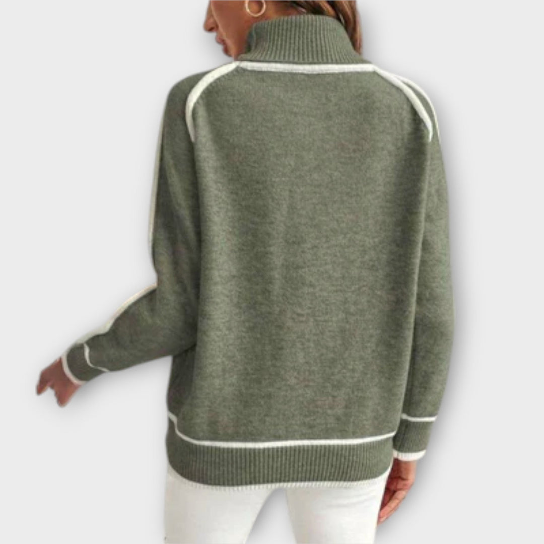 Pull en Maille Olive Femme à Rayures Contrastantes