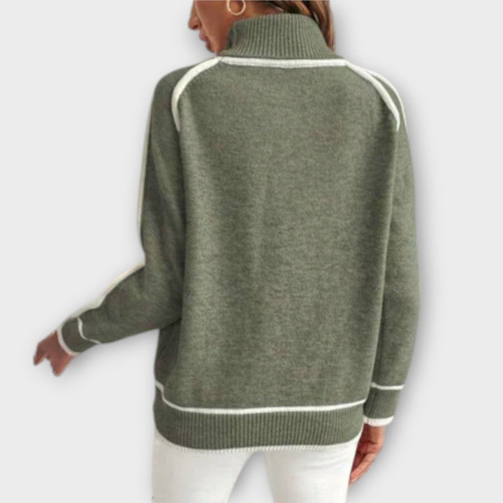 Pull en Maille Olive Femme à Rayures Contrastantes