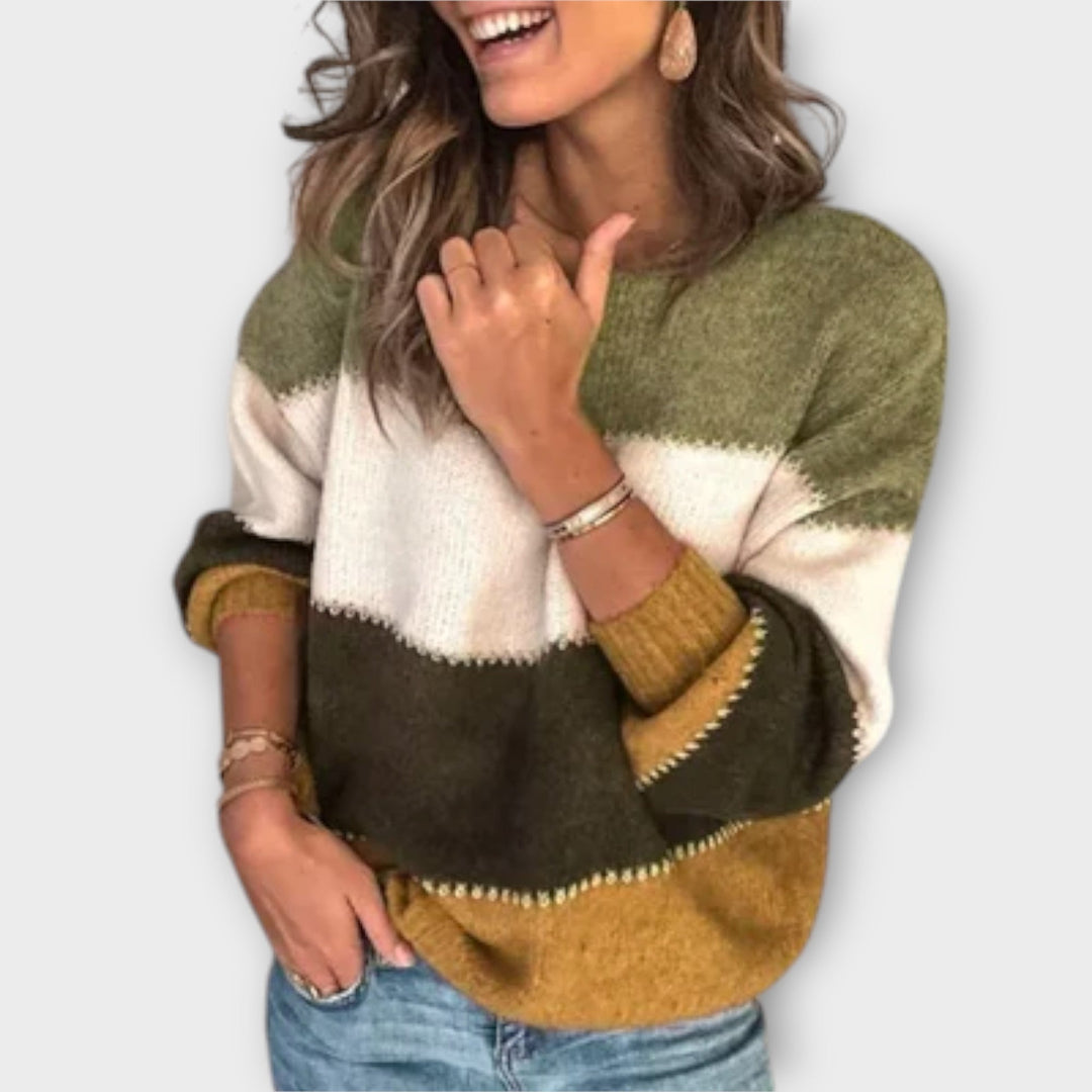 Pull en Maille Color Block Olive Femme