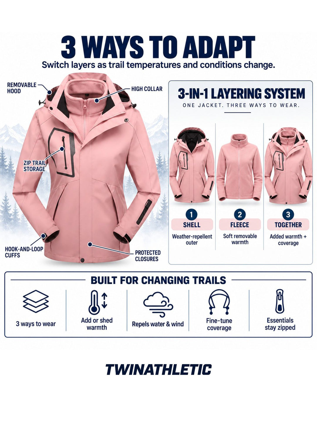 Women's Convertible Hiking Jacket with Removable Fleece and Hood