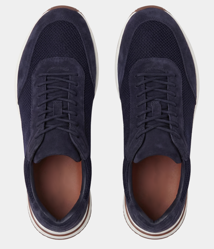 Baskets Homme Bleu Marine Suede & Mesh Basses de Marche avec Semelle Blanche