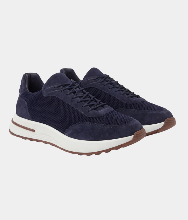 Baskets Homme Bleu Marine Suede & Mesh Basses de Marche avec Semelle Blanche