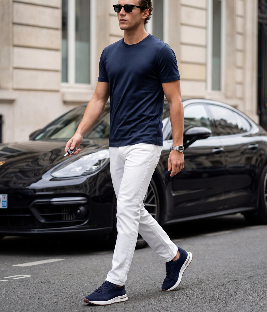 Baskets Homme Bleu Marine Suede & Mesh Basses de Marche avec Semelle Blanche