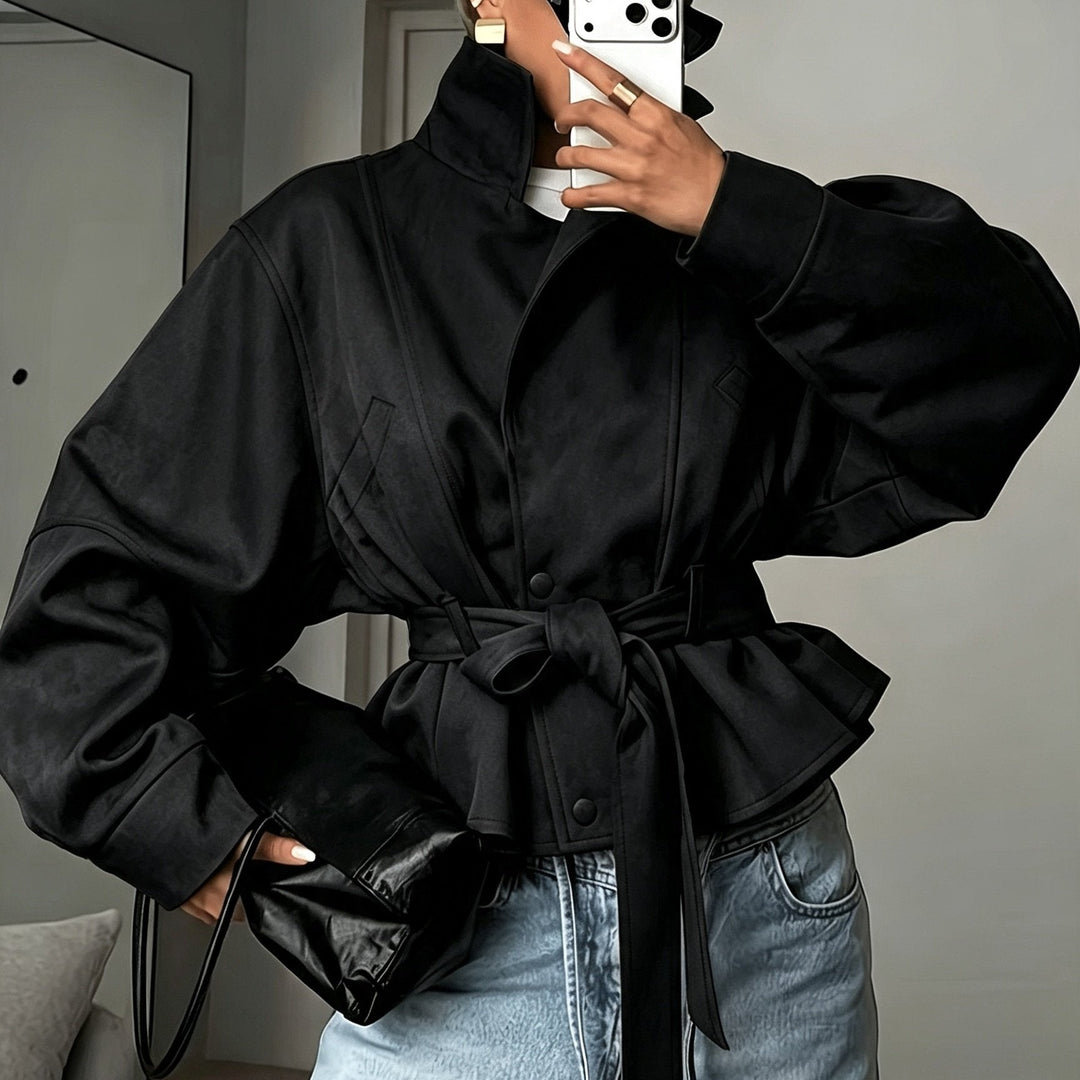 Veste Femme Col Montant Ceinturée En Daim Avec Manches Longues