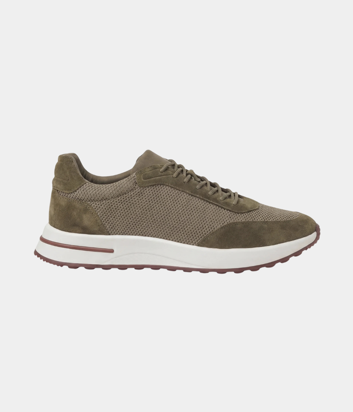 Baskets Homme Olive Suede & Mesh Basses de Marche avec Semelle Blanche