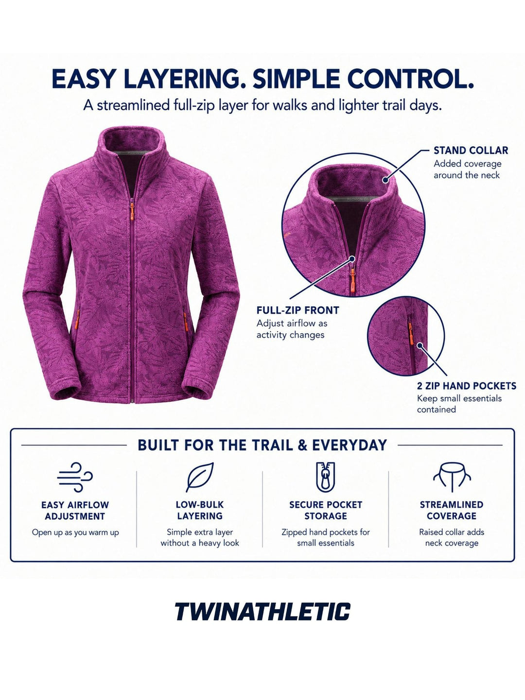 Women's Zip-Up Fleece Jacket with Stand-Up Collar and Foliage Pattern