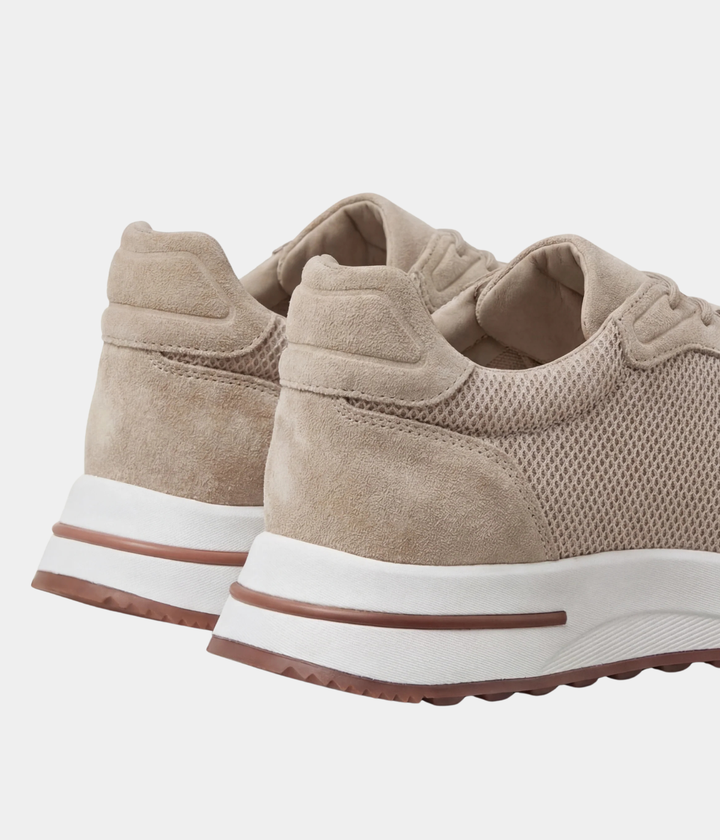 Baskets Homme Beige Suede & Mesh Basses de Marche avec Semelle Blanche