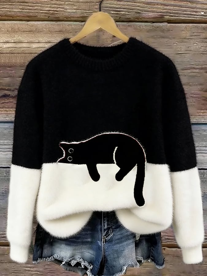 Women's knit sweatshirt - Two-tone with black cat motif