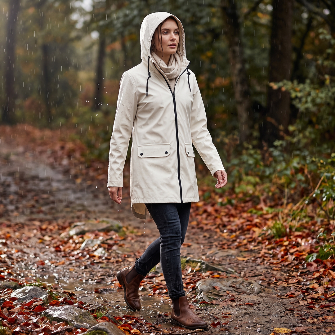 Impermeabile da donna lungo con cappuccio, idrorepellente e antivento, leggero
