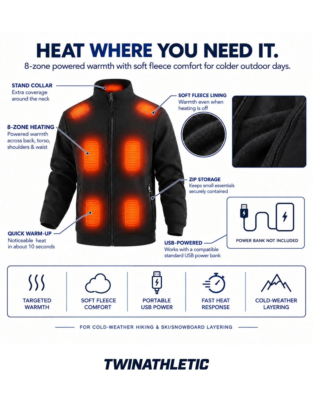 Veste Chauffante Homme USB Polaire Col Montant