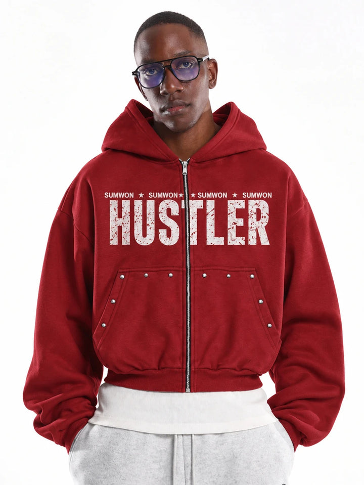 Kurzer Herren-Kapuzenpullover mit Reißverschluss, Kordelzug und Vordertaschen