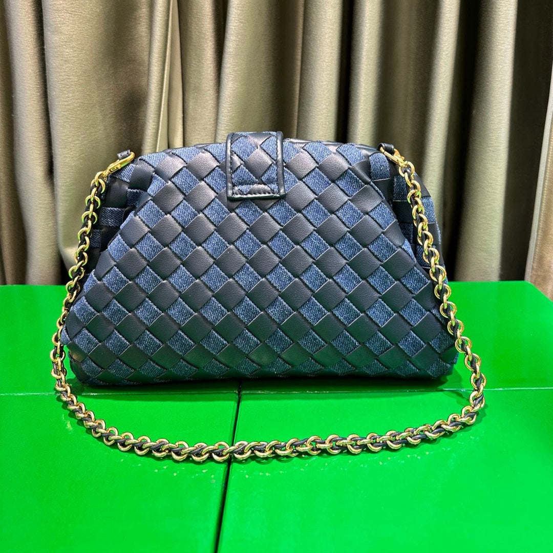Women's denim and braided leather tote bag with handles