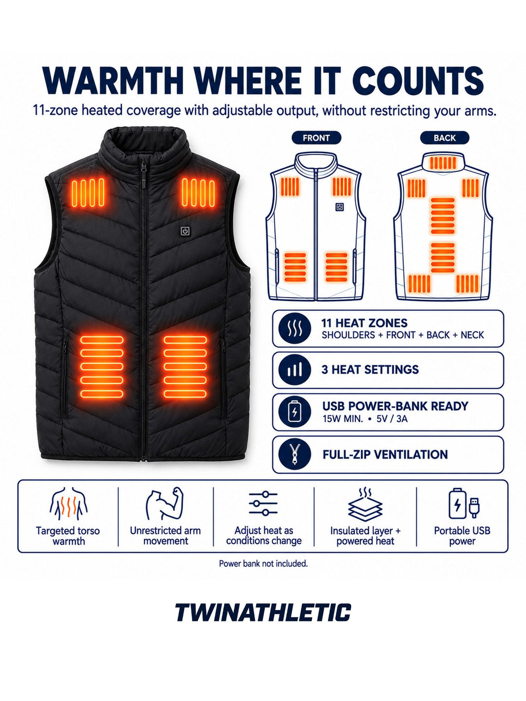 Women's Quilted Heated Vest with Stand-Up Collar and Zippered Pockets