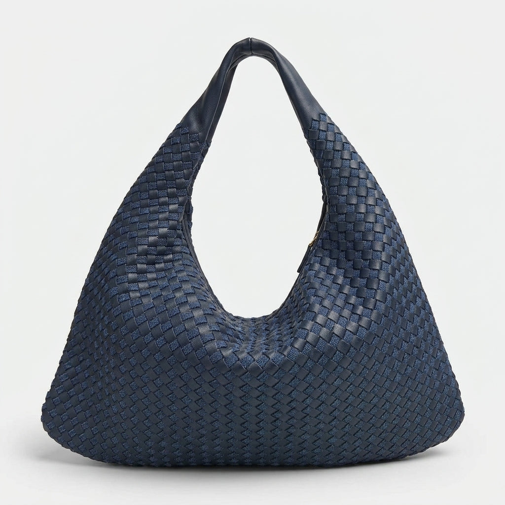 Women's denim and braided leather tote bag with handles