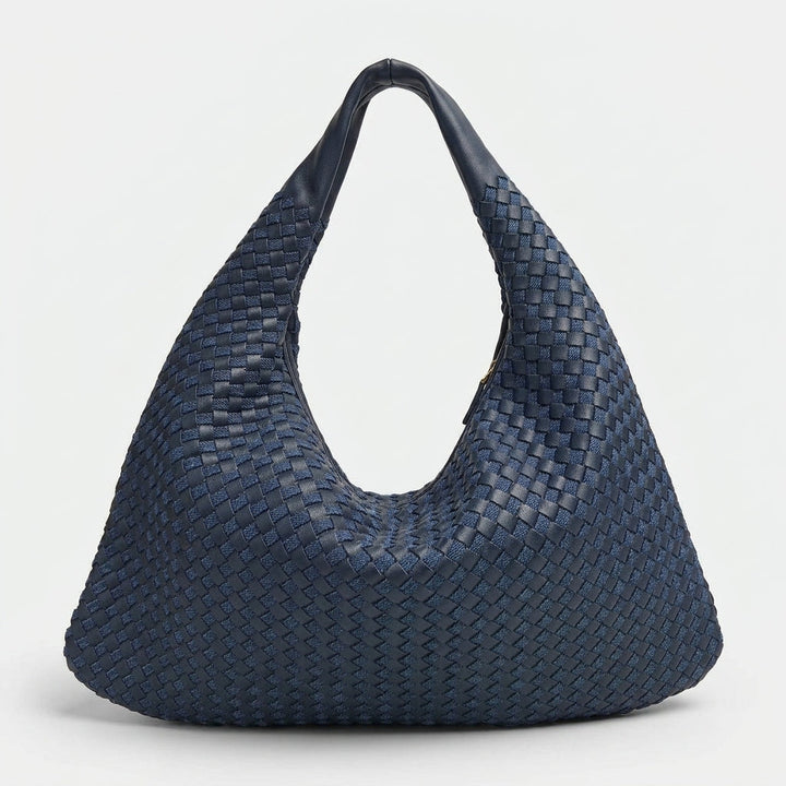 Women's denim and braided leather tote bag with handles