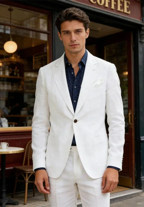 Costume Deux Pièces Homme Coupe Slim en Lin avec Col Peak et Poches Plaquées
